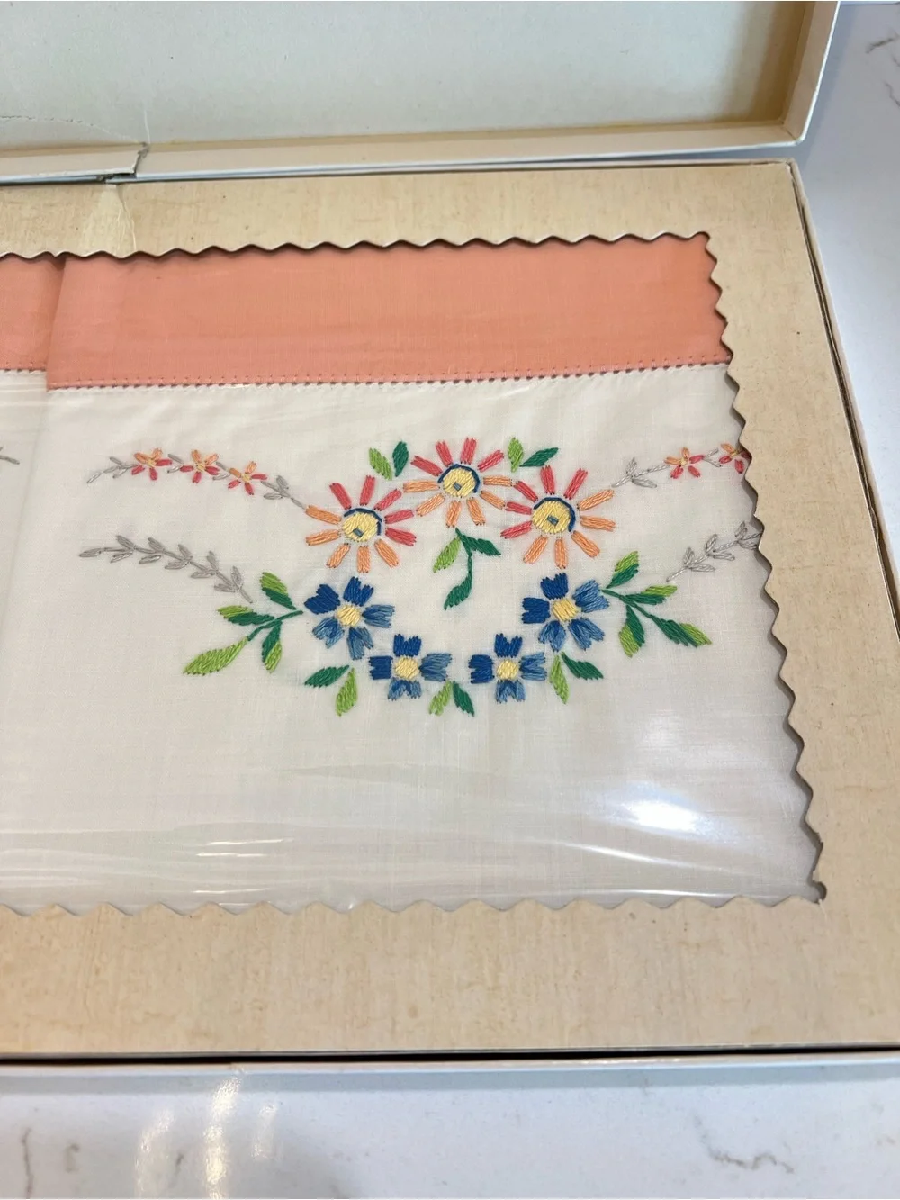 Vintage Embroidered Floral Pillowcases Pair New in Box Peach Cuff Standard